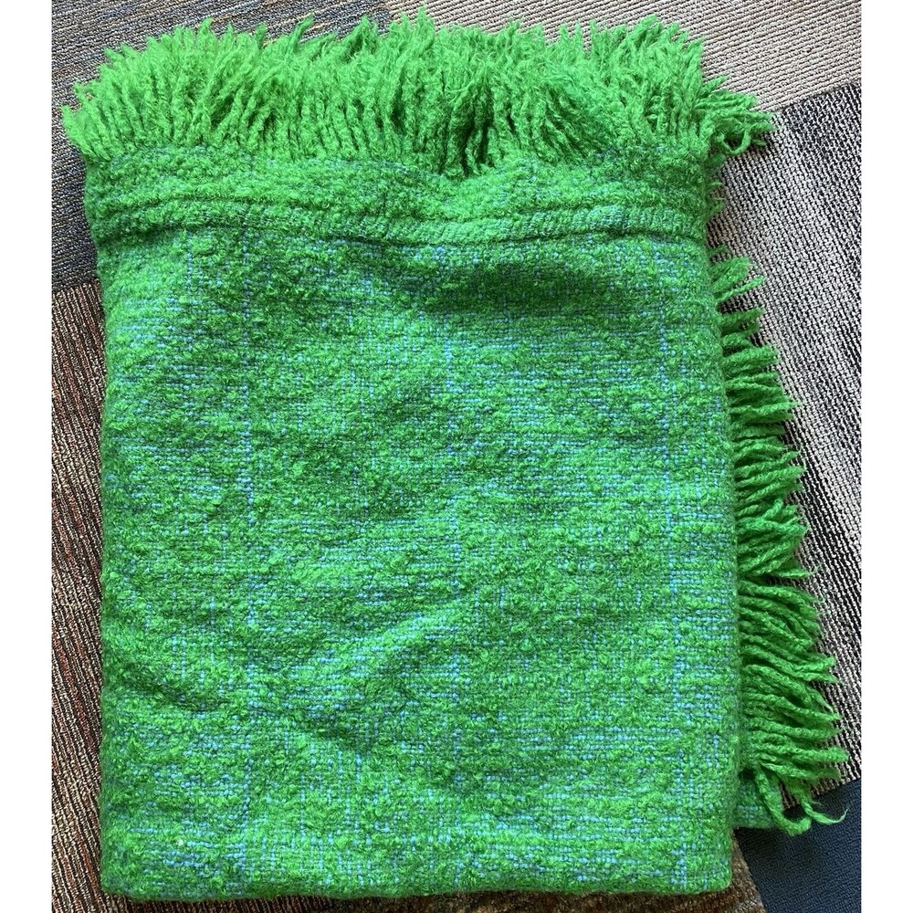 Vtg Irish Wool Blanket Throw Kilkenny Ireland 55” x 88” Plaid Fringe Green Blue